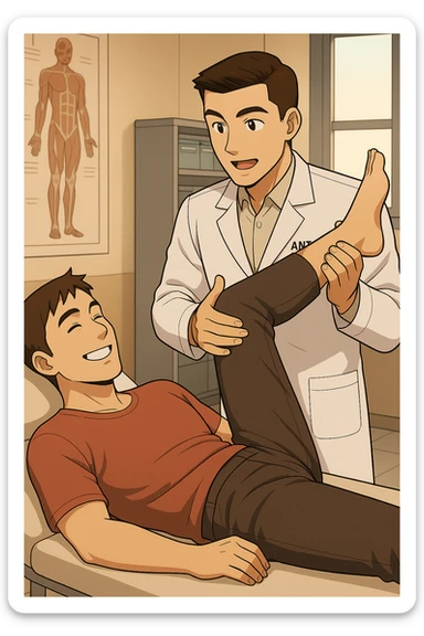fai un webtoon manga a colori con questo stile, in cui un uomo è steso sul lettino medico e il kinesiologo con il camice bianco (fagli anche la scritta "ANTONIO ANANIA" SUL CAMICE, gli solleva una gamba per fargli il test neuromuscolare, IL KINESIOLOGO SPIEGA ALL'UOMO UNA cosa mentre gli alza la gamba. l'espressione dell'uomo è felice e soddisfatta, non fare i fumetti però, fai solo in modo che sembri stiano parlando, il lettino fai in modo che si veda tutto intero sticker