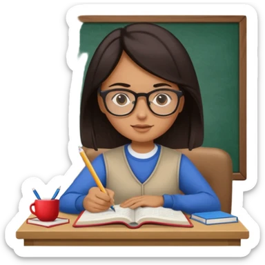 A student with dark hair is reading a book and taking notes in a notebook. There are also papers and textbooks on the table. sticker