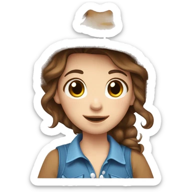 , a cow girl with brown hair, dressed in a blue top decorated with stars, ((in love)), surrounded by a white outline, sticker