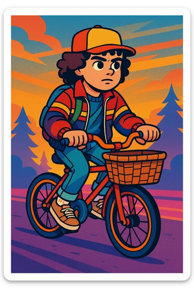 Stranger Things inspired character riding a bicycle with a basket, 1980s vibe, vibrant toon style sticker