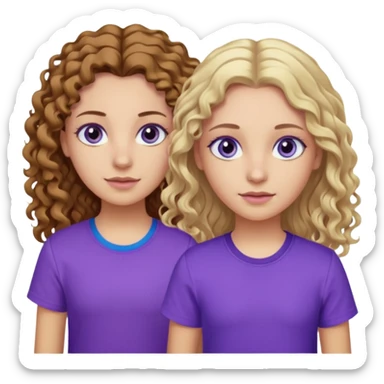 Twin sisters, one has brown eyes, long curly brown hair, the other one has blue eyes and straight blond hair purple shirt sticker