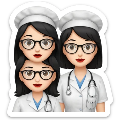 Genera un emogis con cuatro enfermeras pelinegra juntas, entre ellas una con lentes y otra con lunar encima del labio sticker
