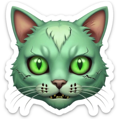 zombie cat portrait, head and shoulders only, pale fur, cracked skin patches, eerie glowing eyes, mischievous undead vibe, 3D cartoon, mobile game icon style, clean background, no text, no watermark
 sticker