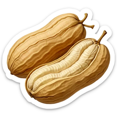 whole peanuts two to three in rough beige shells textured with natural ridges, irregular oval shapes, one shell slightly open showing pale nuts inside, apple emoji style, soft lighting, transparent background, emoji scale sticker