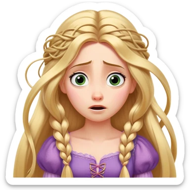 Cinematic Funny Rapunzel Portrait Emoji, Looking exhausted while tangled in her own hair, a dramatic sigh, eyes rolling with humorous exasperation, a hilariously relatable moment for the long-haired princess! sticker