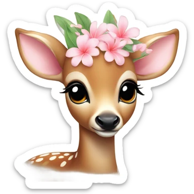 A sweet baby deer with a light pink tropical flower on the side of her her head  sticker