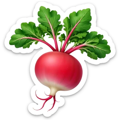whole fresh radish with round vibrant pink-red body, short white root tip, smooth slightly glossy skin, crisp appearance, bright green leafy tops, no dirt, no slicing, no extras, soft lighting, subtle shadows, emoji scale sticker