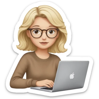 blonde girl with dark blonde wavy hair, pantos-style glasses, a brown sweater, sitting with a laptop, soft pastel colors, upper body shot sticker