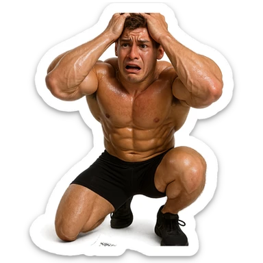 realistic muscular but disproportionate young man, shiny and marked skin, syringe fallen on floor, desperate expression, crumpled dosage chart, atmosphere of failure, isolated on white background, 4K quality sticker