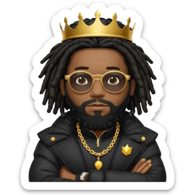 African American man with shoulder length black dreadlocks with black beard wearing  dark black sunglasses with a black bubble winter coat wearing a crown with arms folded on chest sticker