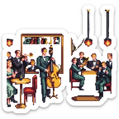 1940s jazz nightclub scene, pixel art style, no text sticker