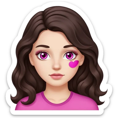 A white girl with long dark brown wavy hair and two pink cosmetic patches under her eyes sticker