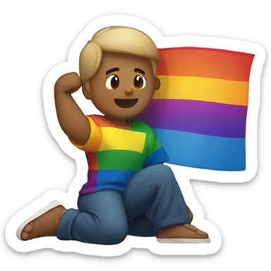Full body Person holding fist up kneeling on ground rainbow flag behind sticker