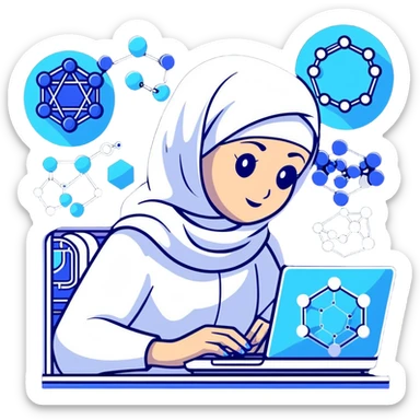 computer engineer with white hijab in blue clothes, surrounded by next-gen holographic displays showing 3D molecular structures, advanced algorithm visualizations, futuristic UI, quantum computing elements, digital brain patterns sticker