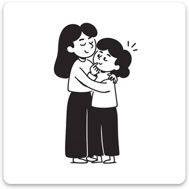 A person hugging another person with a mysterious smile and a finger to their lips sticker