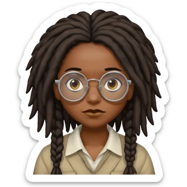 darker skin female with dark dreadlock hair wearing large round glasses saying no sticker
