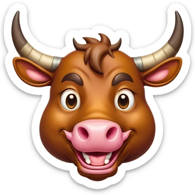 Cinematic Comical Domestic Bull Portrait Emoji, Head tilted dramatically with an exaggeratedly amused expression, featuring a striking, glossy coat with boldly defined horns and wide, expressive eyes brimming with playful disbelief, Simplified yet hilariously expressive features, highly detailed, glowing with a slightly sassy, earthy glow, high shine, dramatic yet playful, stylized with an air of cheeky rural mischief, soft glowing outline, capturing the essence of a spirited and over-the-top domestic bull that looks ready to charge its way into internet fame instantly! sticker