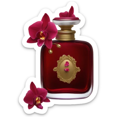 Dark red vintage French style perfume bottle with red orchids sticker