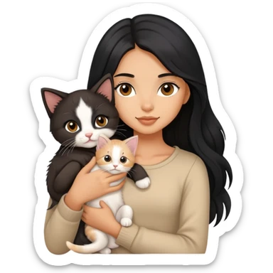 Beautiful girl with long black hair holding a cute kitten in her arms sticker