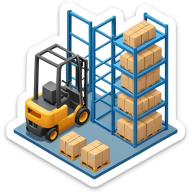Isometric warehouse with forklift and storage racks inside, large cargo door sticker