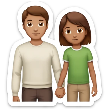 A man with brown hair holding a child's hand, the child has reddish brown hair sticker