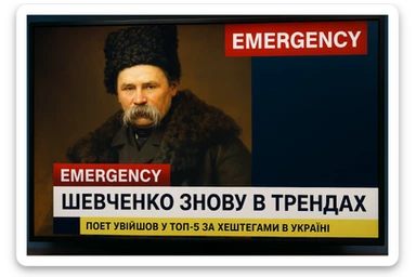 A realistic screenshot of a television news broadcast with an emergency report about Ukrainian poet Taras Shevchenko.
A downloaded image was used in the composition.
In the lower third of the screen, the headline "Шевченко знову в трендах" is displayed in large bold font,
and below it is a concise news ticker with the text "Поет увійшов у ТОП-5 за хештегами в Україні",
which provides brief updates.
The colour palette is clear and professional, with contrasting tones
characteristic of authoritative news channels.
The entire scene conveys the urgency and drama inherent in live news broadcasts. sticker