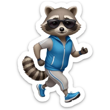 friendly anthropomorphised raccoon in sports wear, wearing dark sunglasses, jogging upright in relaxed pose sticker
