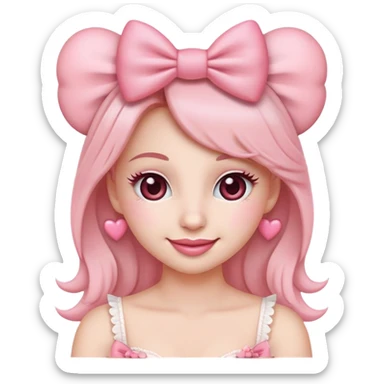 Ultimate coquette emoji with big pink bow, rosy cheeks, batting eyelashes, sweet smile, heart accents, ultra feminine, dainty, soft pink color palette sticker