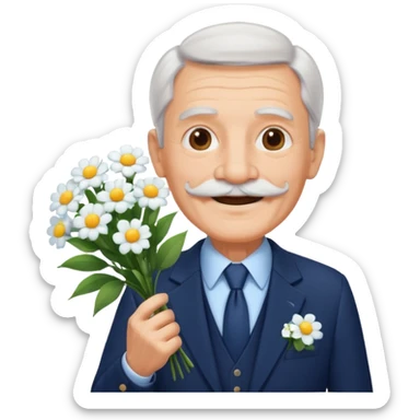 homme âgé en costume bleu foncé souriant avec moustache portant un bouquet fleurs blanche  sticker