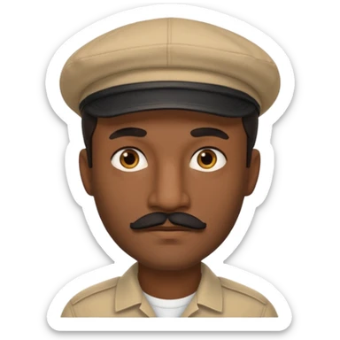 A dark-skinned man with a beige cap, brown eyes, and a thin black mustache. sticker