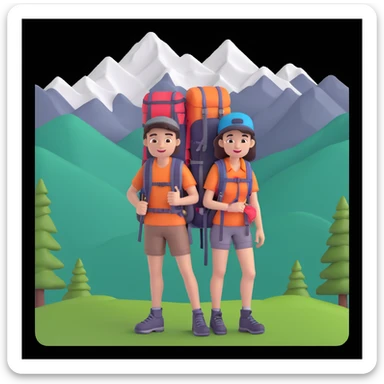back packer couple posing, mountains in background,   close up pose sticker
