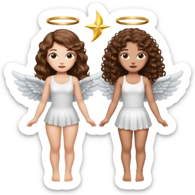fake angel pose — long wavy brown hair tattooed woman and short tight curly brown hair woman — halo sparkle sticker