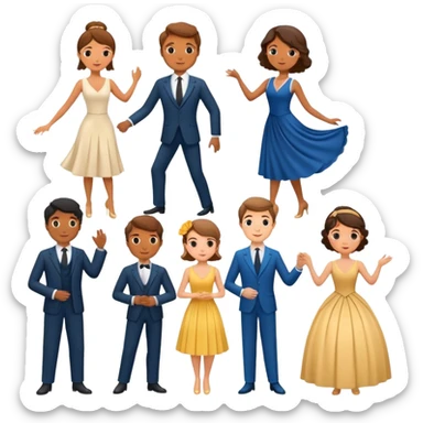 A theater set containing three couples, a suit and dress pair, a philosophy professor and dance teacher, and a young French couple, bufo model sticker