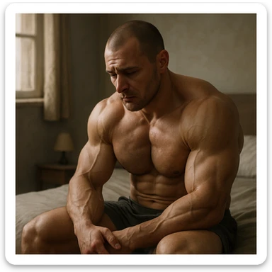 hyperrealistic muscular male bodybuilder, very depressed and downcast, sitting or lying on a bed, sad and dejected expression, gaze lost in the void, realistic environment with soft natural light, melancholic atmosphere, detailed, context suggesting psychogenic problems sticker