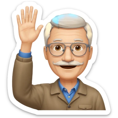 60 yr man with partially gray hair, mustache, light glasses, waving hello sticker