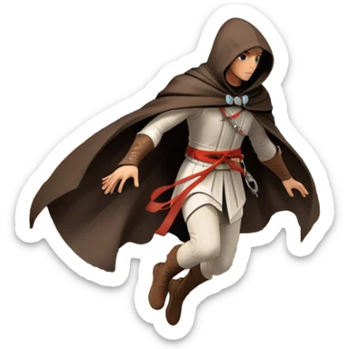 An icon featuring a hero performing a leap of faith from a tower in Florence, inspired by adventure games like Assassin's Creed. The design captures the dramatic moment mid-air, with detailed architecture and a bustling city below. Transparent background sticker