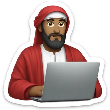 A caliph with red clothes writing in a laptop sticker