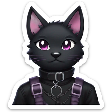 Gorgeous furry gothic dark techwear anime style anthro black cat furry sona Fakemon with blushing face aesthetic and pretty edgy black with collar and harness trending style sticker