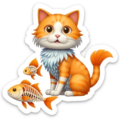 cat full body sitting with fish skeleton with fins and bones in mouth sticker