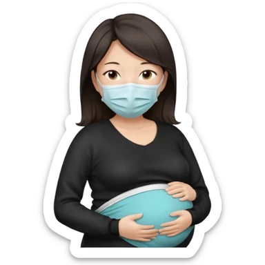 a pregrant chinese lady with dark brown hair? Hair lengt above shoulder, wearing medical face mask, i wanna see the pregnant belly with black sweater sticker