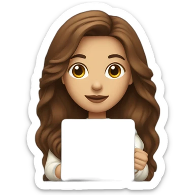 woman with brown long straight hair wearing a white woolly shirt and holding a coffee and a closed laptop sticker