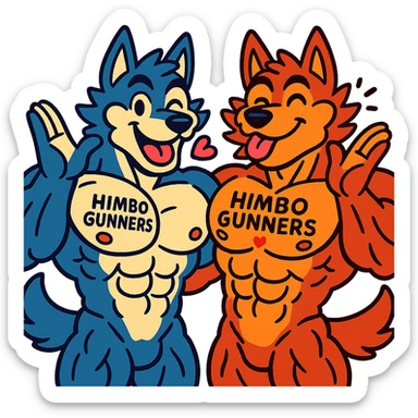 pair of ultra-muscular wolf furries, shirtless, with 'Himbo Gunners' tattooed on their pecs, both blowing a kiss, cheerful and energetic, very large, defined, and detailed muscles, ultra high quality sticker