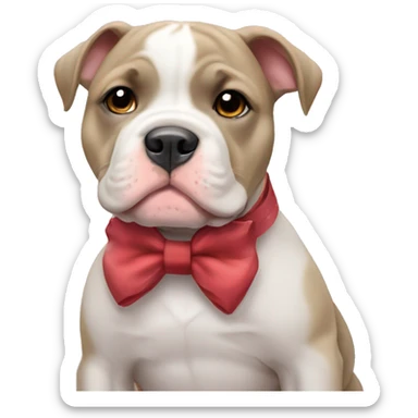 American bully puppy wearing a bow sticker