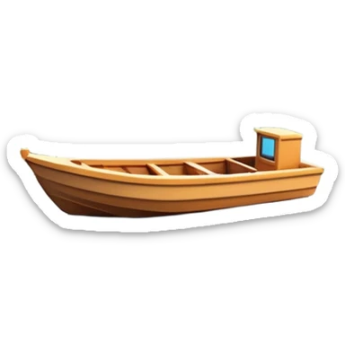 A 3D cartoon small boat floating on estuary water, with nearby reeds and horizon in view, bright lighting, photo frame, Memoji-style. sticker