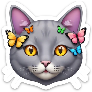 grey cat's face surrounded by butterflies sticker