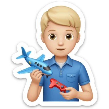 Little boy hold a controller and an airplane toy sticker