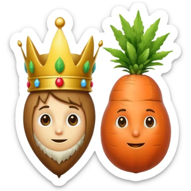There is a hazelnut with a crown on his head, on his left side is a lemon like a hacker and on his right side is a carrot like a detective sticker