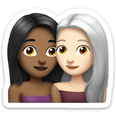 A lesbian couple with white skin and long black hair hugging intimately, and romantically. sticker