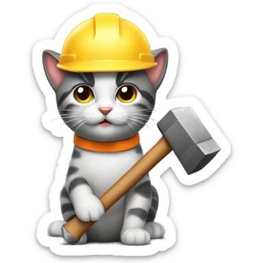 a cat wearing a hardhat holding a sledgehammer sticker