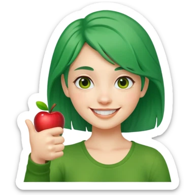 green-haired girl, great expression, confident smile, thumbs up, apple emoji style sticker